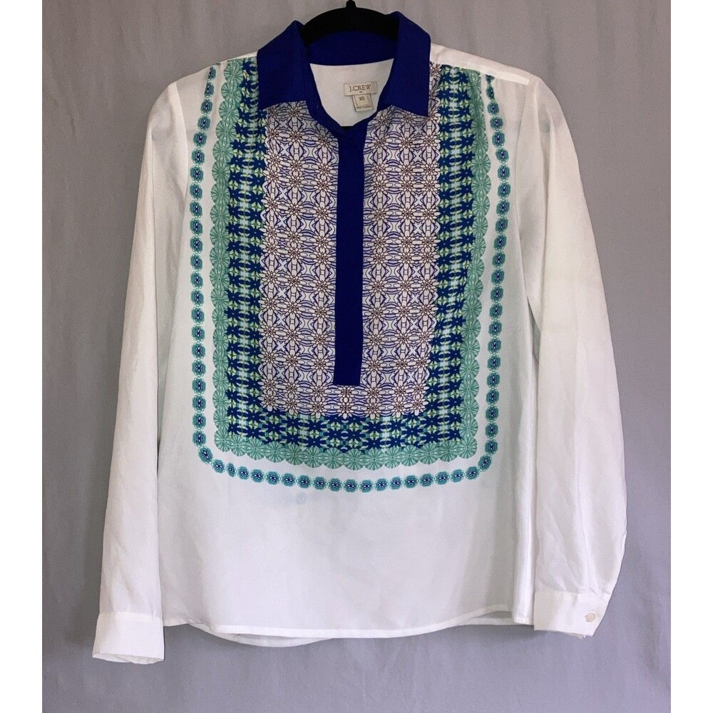 J.Crew Womens XS White Blue Geometric Tile Print Long Sleeve Pullover Blouse EUC
